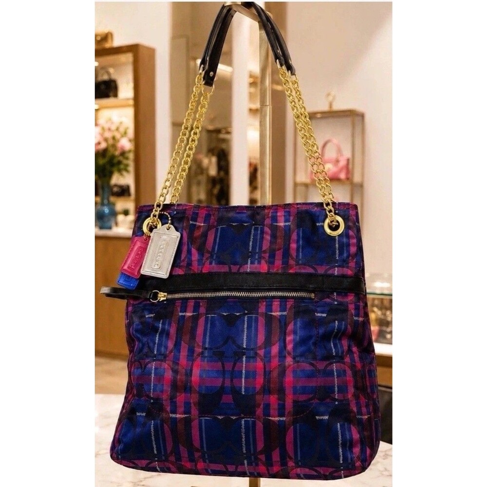 Coach Poppy Tartan Handbag with 3 Hang Tags Chain Handles Jewel Tone F15228 EUC